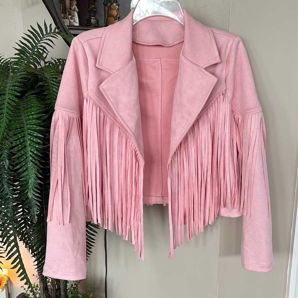 NWOT Pink Fringe Jacket Faux Suede Cropped Western Moto Tassel Cowgirl Pastel